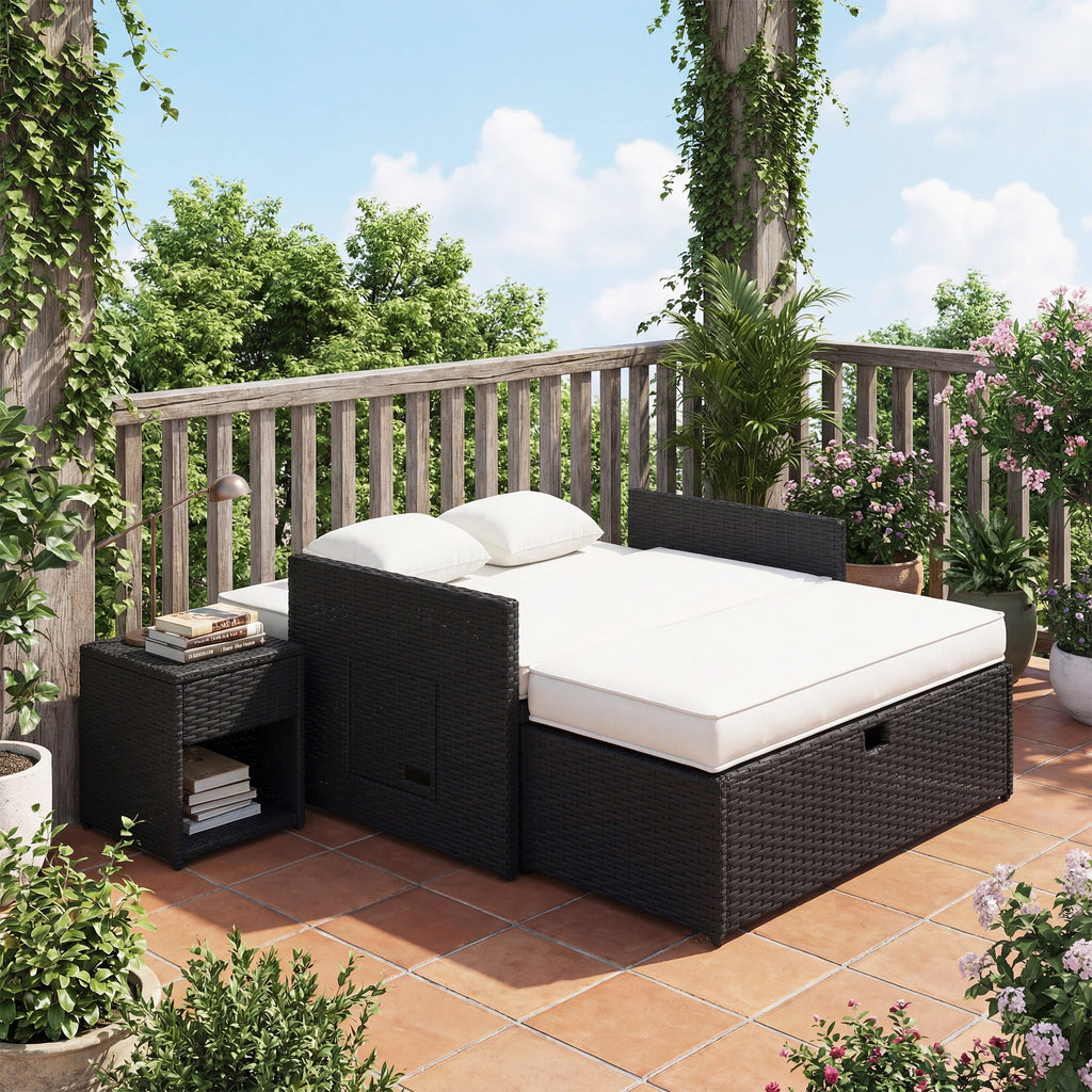 Rattan Garden Daybed with Ottoman, Retractable Trays & Cushions, Cream White