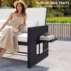 Rattan Garden Daybed with Ottoman, Retractable Trays & Cushions, Cream White