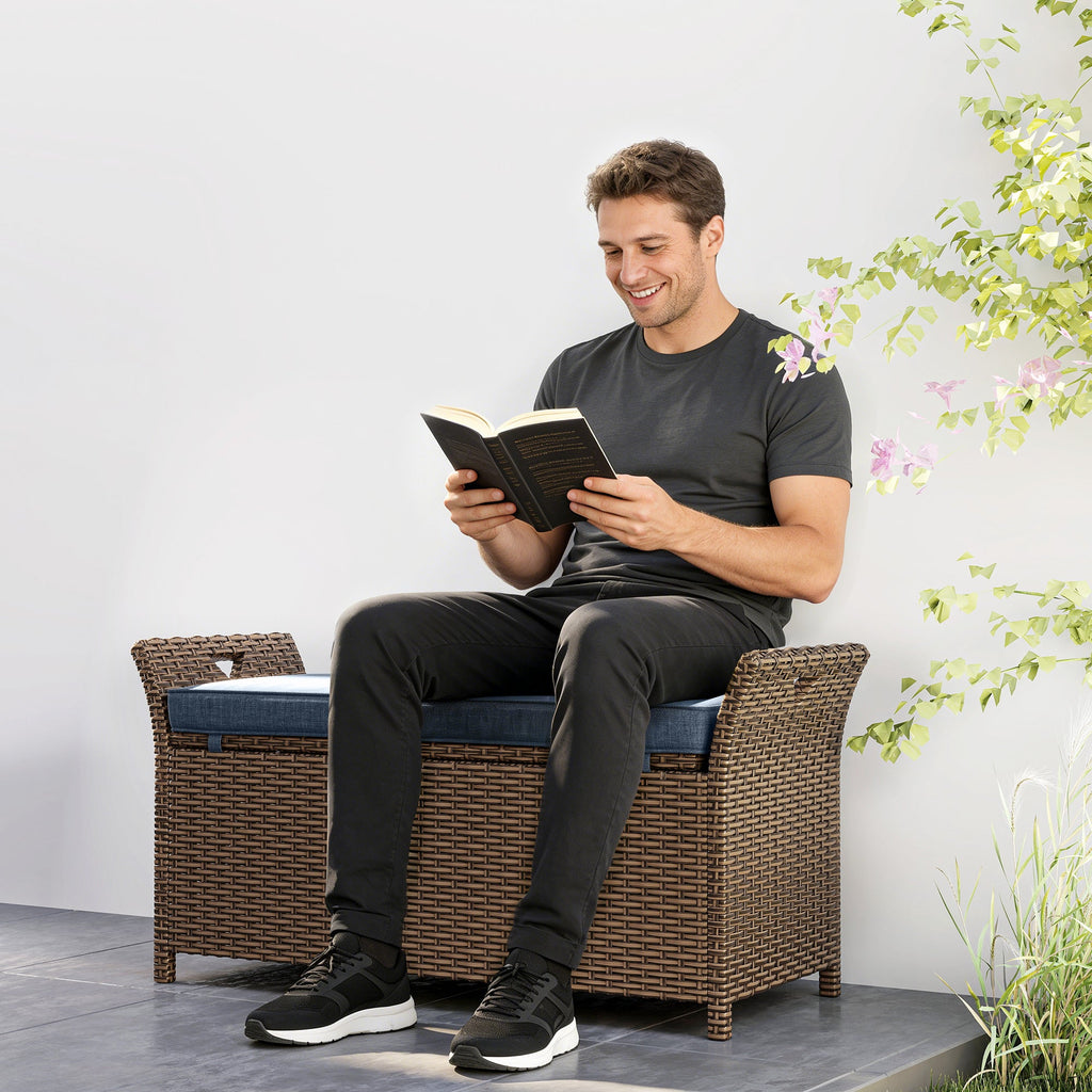 2-in-1 Patio Wicker Storage Bench, 29 Gallon with Cushion, Navy Blue
