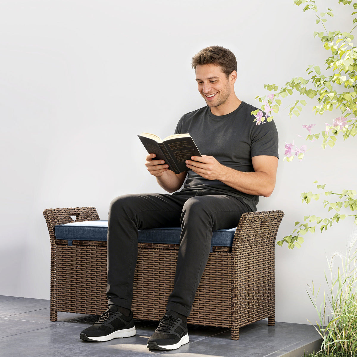 2-in-1 Patio Wicker Storage Bench, 29 Gallon with Cushion, Navy Blue