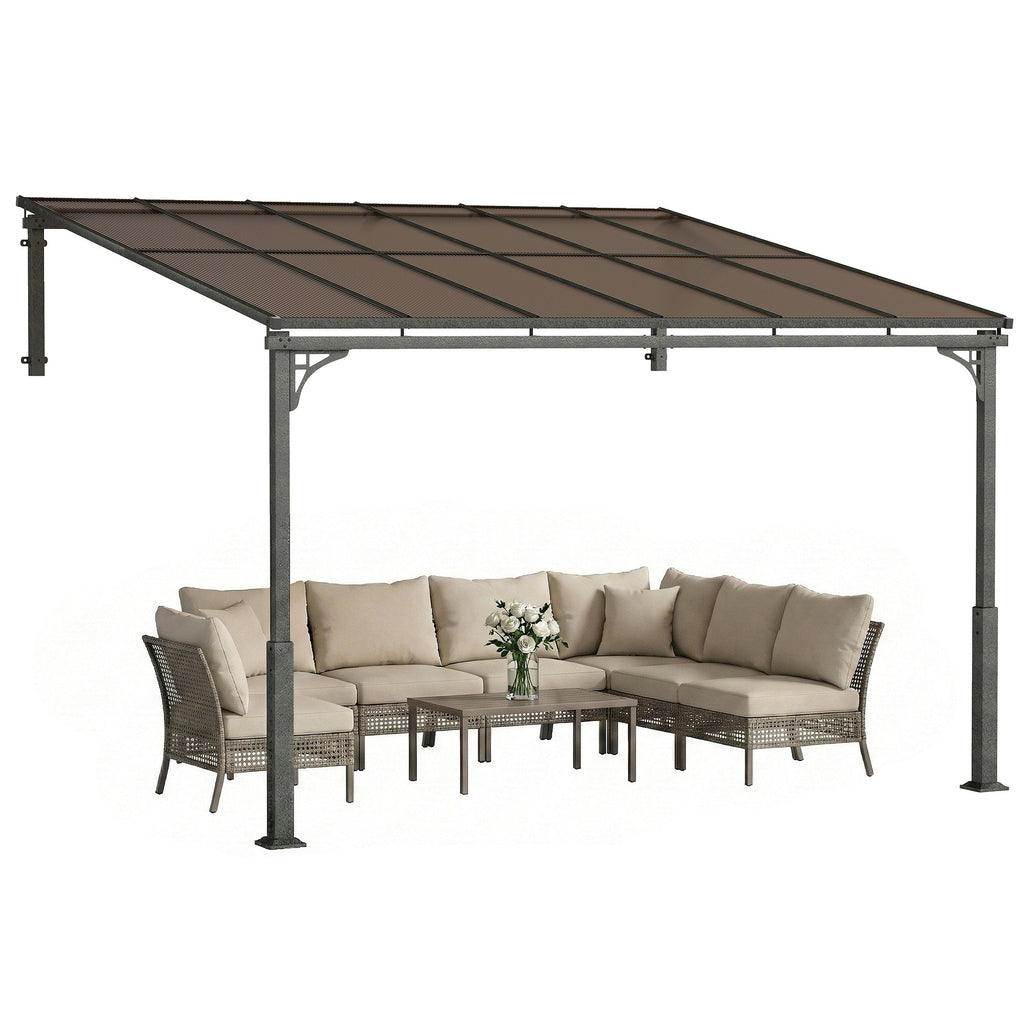 11' x 10' Wall Mounted Lean-to Pergola with Polycarbonate Roof, Brown