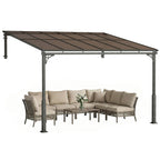 11' x 10' Wall Mounted Lean-to Pergola with Polycarbonate Roof, Brown