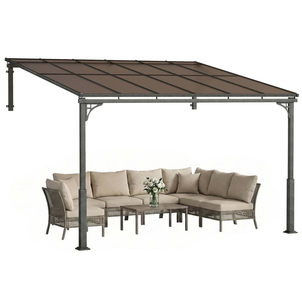11' x 10' Wall Mounted Lean-to Pergola with Polycarbonate Roof, Brown