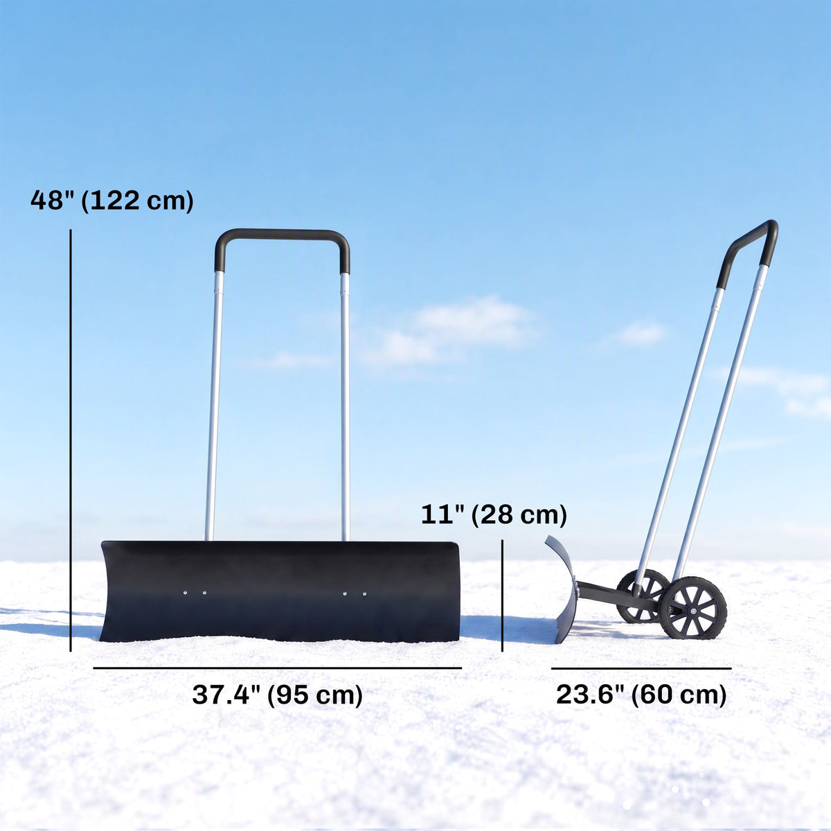 37" Extra-Wide Aluminum Snow Pusher with Wheels and Ergonomic Handle, Black