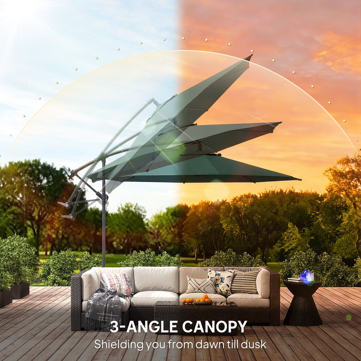 3 m Banana Parasol with Crank Handle, 8 Ribs & Cross Base, Dark Green