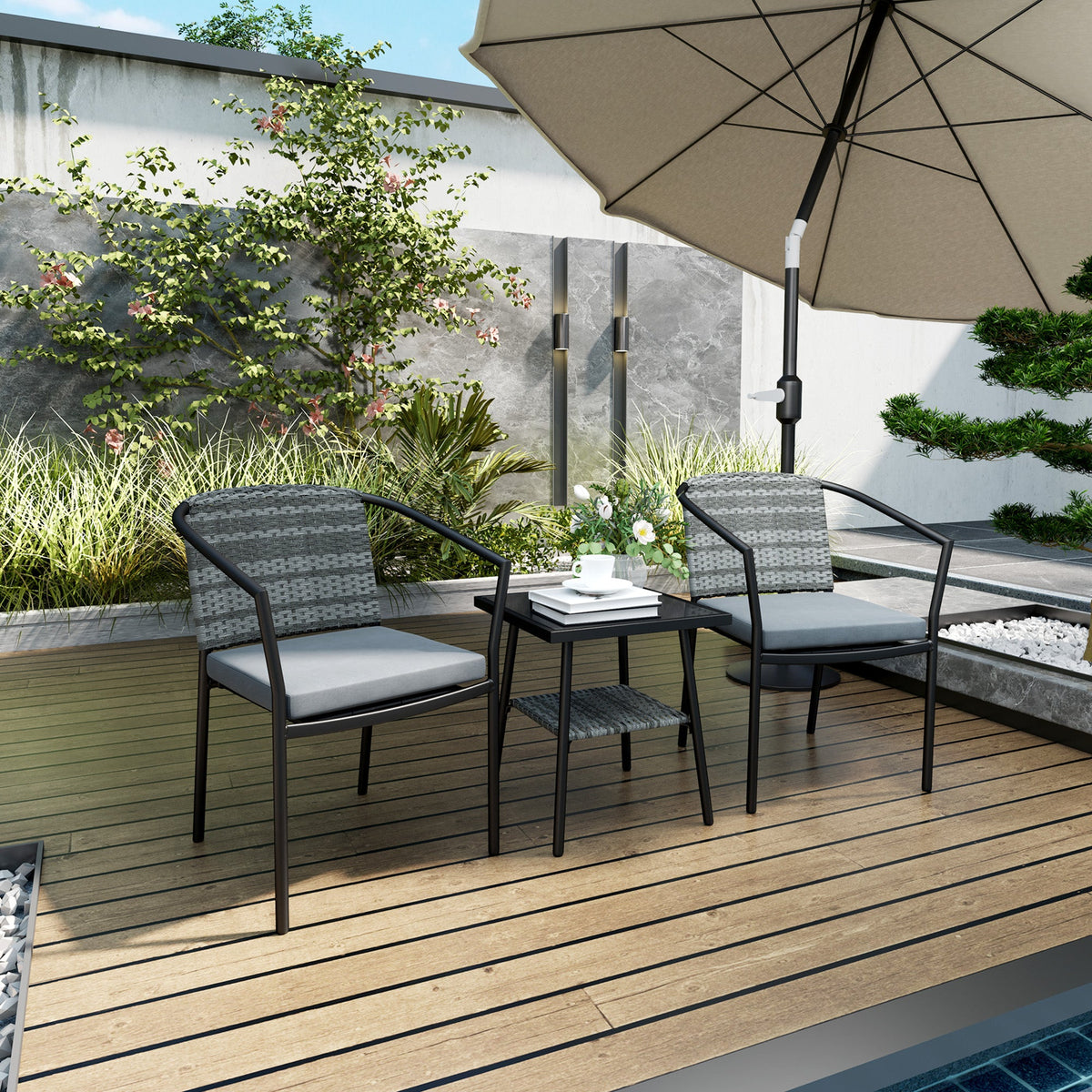 3pc Wicker Bistro Set with Cushions and 2-Tier Glass Table, Dark Grey