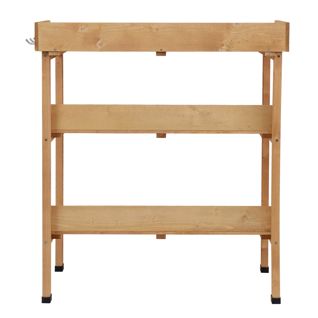 Wooden Potting Bench with Metal Top, Shelf and Hooks, Natural