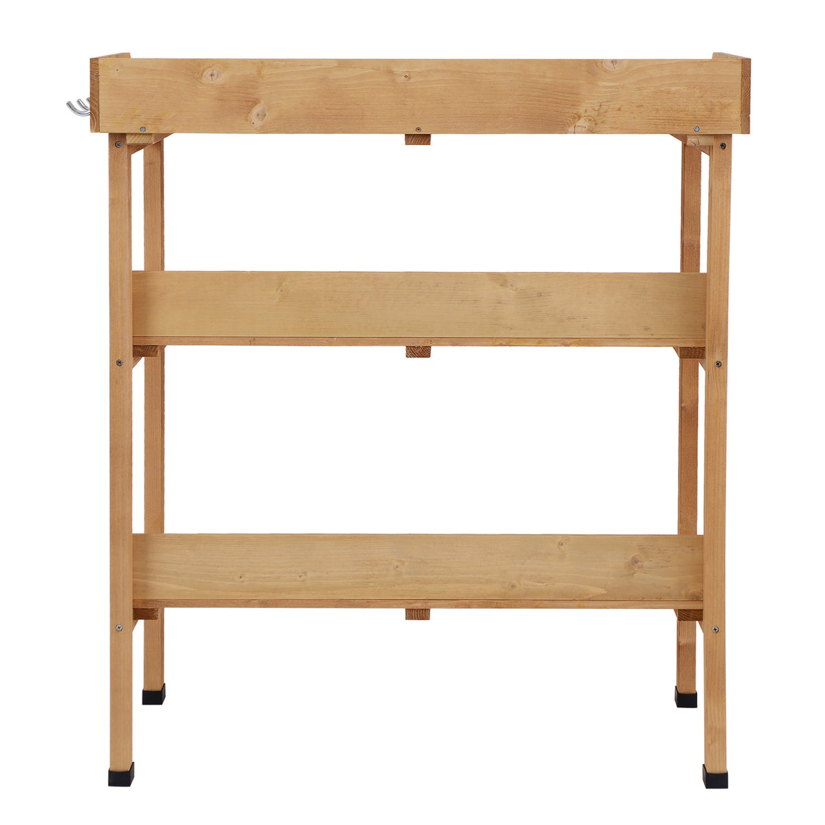 Wooden Potting Bench with Metal Top, Shelf and Hooks, Natural
