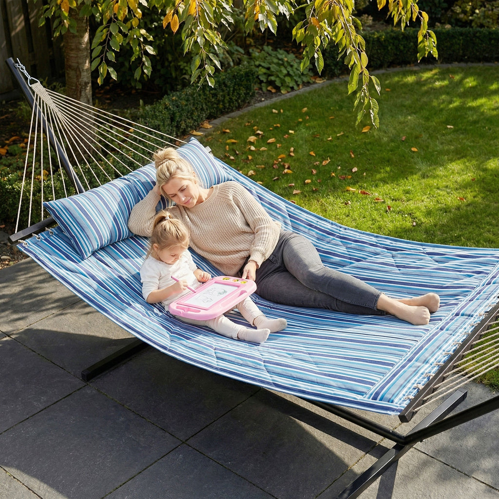 Outdoor Hammock with Stand, Detachable Pillow and Spreader Bars, Blue