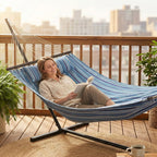 Outdoor Hammock with Stand, Detachable Pillow and Spreader Bars, Blue