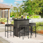 5 Piece Outdoor Wicker Bar Set with Glass Top Table and 4 Stools, Dark Brown