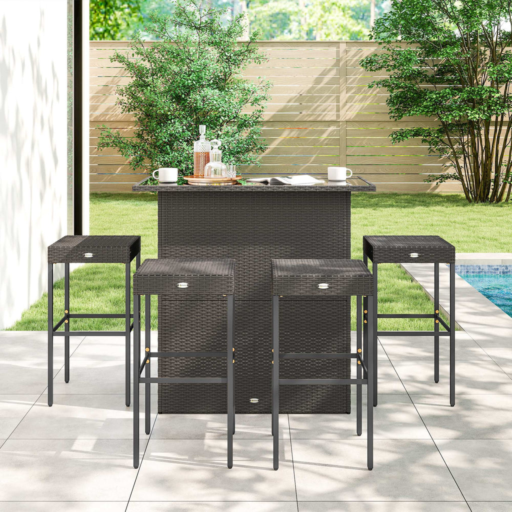 5 Piece Outdoor Wicker Bar Set with Glass Top Table and 4 Stools, Dark Brown