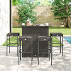 5 Piece Outdoor Wicker Bar Set with Glass Top Table and 4 Stools, Dark Brown