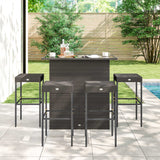 5 Piece Outdoor Wicker Bar Set with Glass Top Table and 4 Stools, Dark Brown