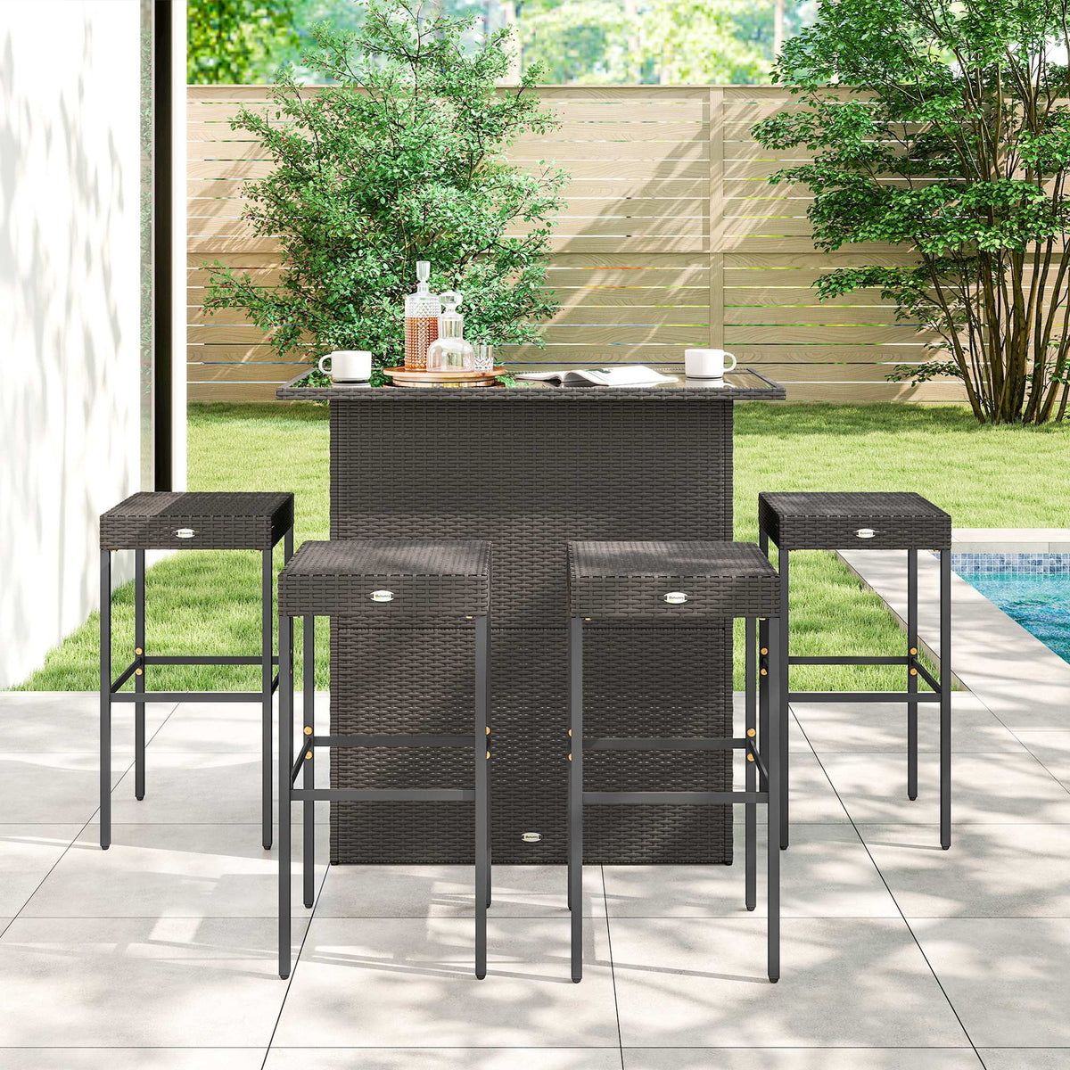 5 Piece Outdoor Wicker Bar Set with Glass Top Table and 4 Stools, Dark Brown