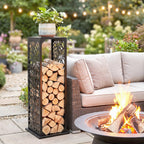 15 Inch Firewood Rack with Heavy-Duty Galvanized Steel Log Holder Featuring 4 Hooks & Adjustable Pads, Black