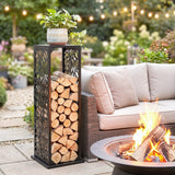 15 Inch Firewood Rack with Heavy-Duty Galvanized Steel Log Holder Featuring 4 Hooks & Adjustable Pads, Black