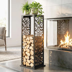 15 Inch Firewood Rack with Heavy-Duty Galvanized Steel Log Holder Featuring 4 Hooks & Adjustable Pads, Black