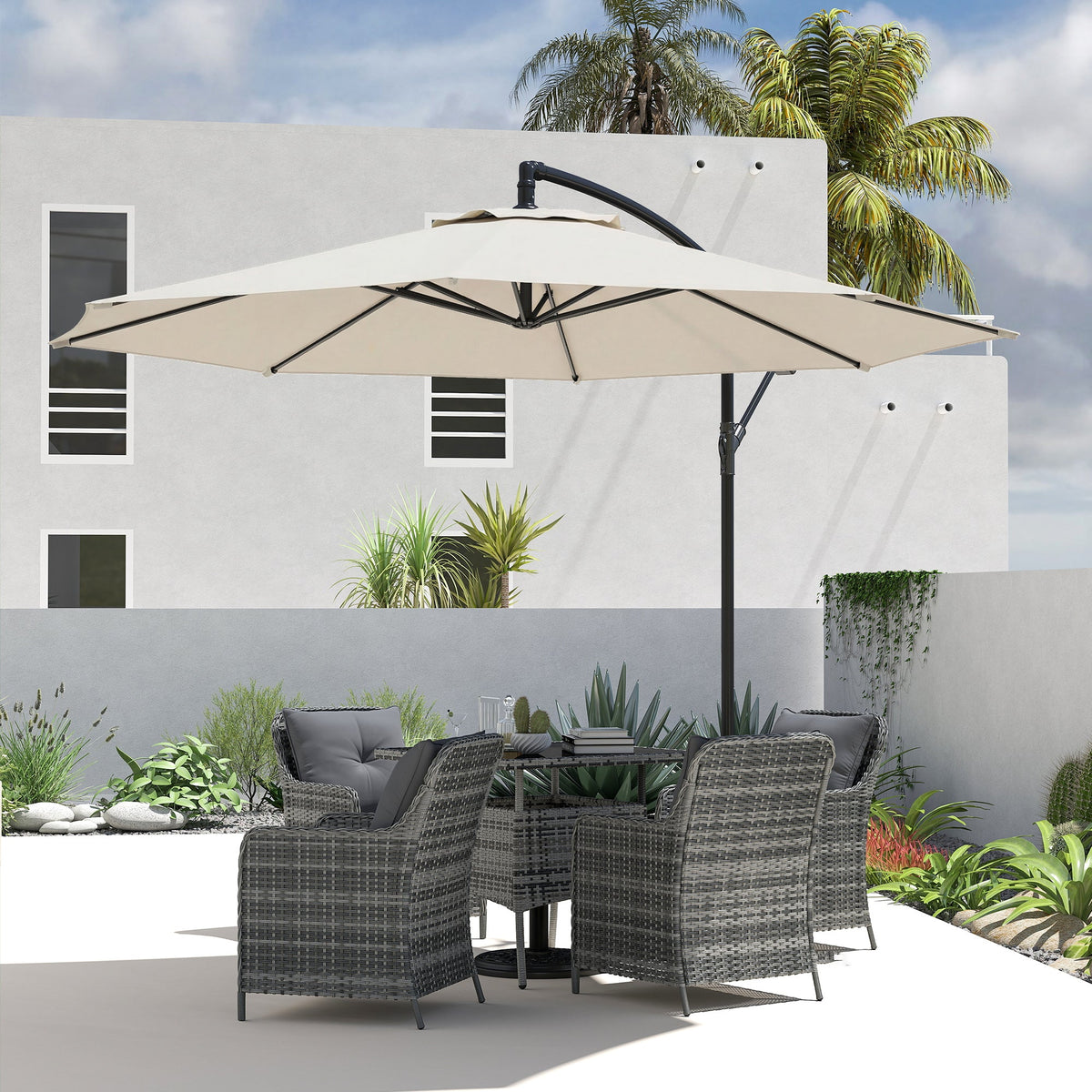 3 m Banana Parasol with Crank Handle, 8 Ribs & Cross Base, Cream White