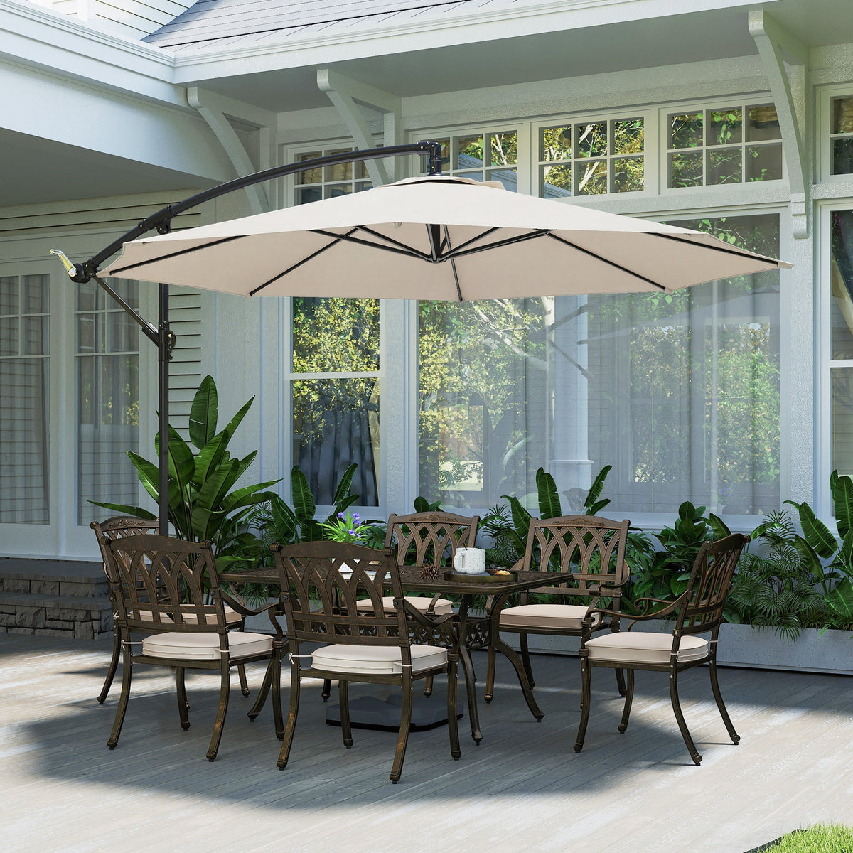 3 m Banana Parasol with Crank Handle, 8 Ribs & Cross Base, Cream White