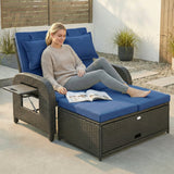 Rattan Patio Daybed with Storage Ottoman and Adjustable Backrest, Navy Blue