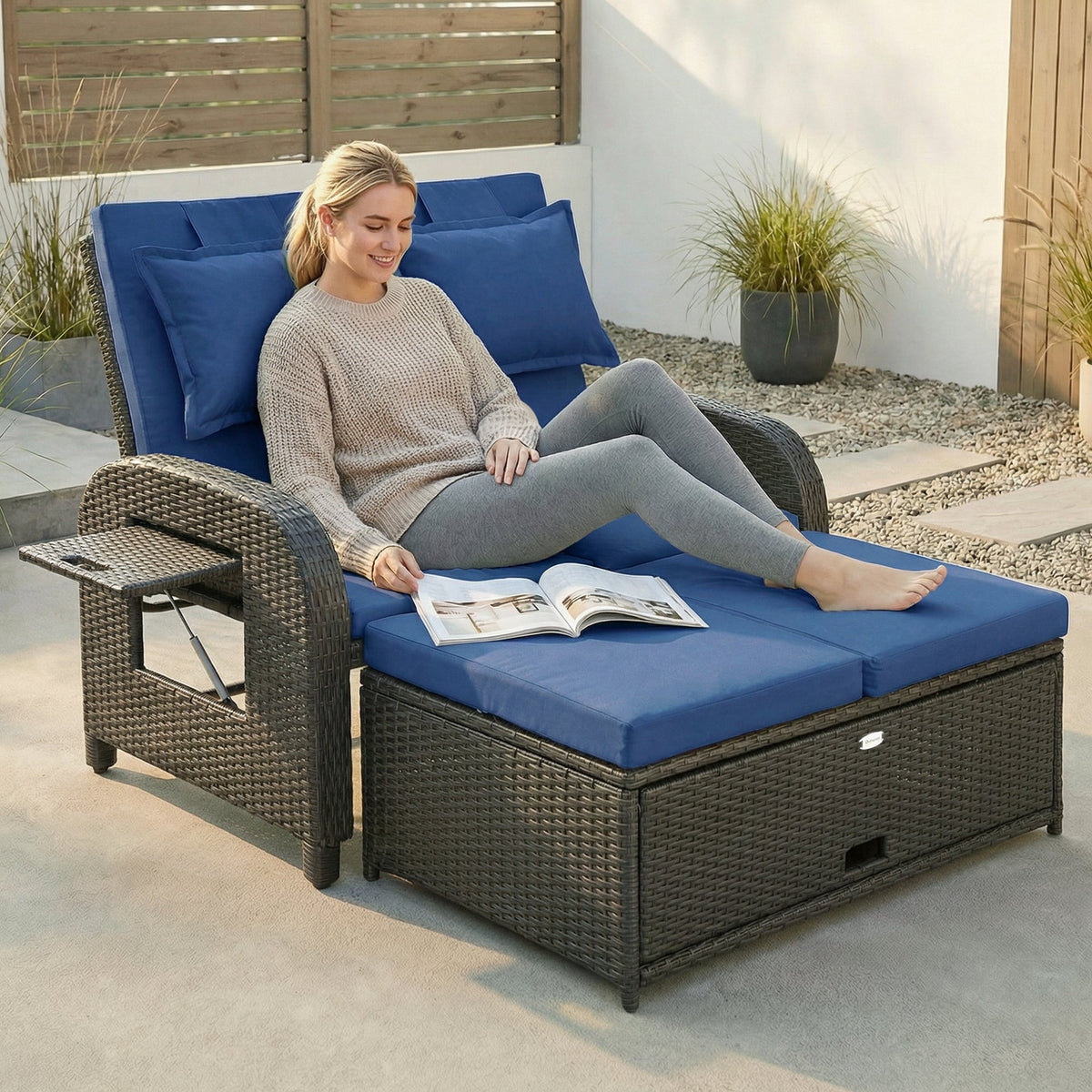 Rattan Patio Daybed with Storage Ottoman and Adjustable Backrest, Navy Blue