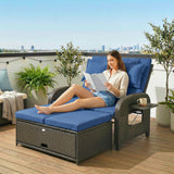 Rattan Patio Daybed with Storage Ottoman and Adjustable Backrest, Navy Blue