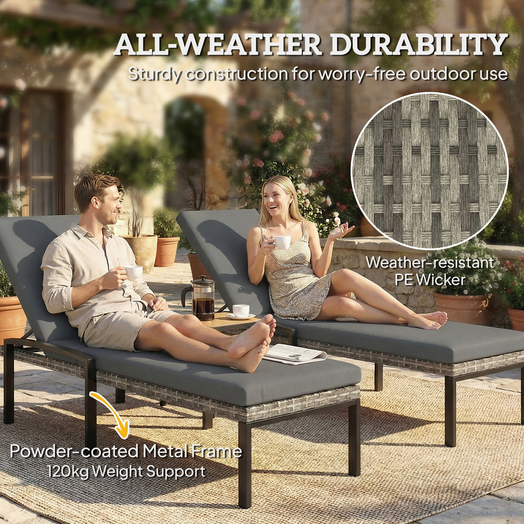 Pair of Wicker Chaise Loungers with 5-Level Backrest & Cushion, Light Grey