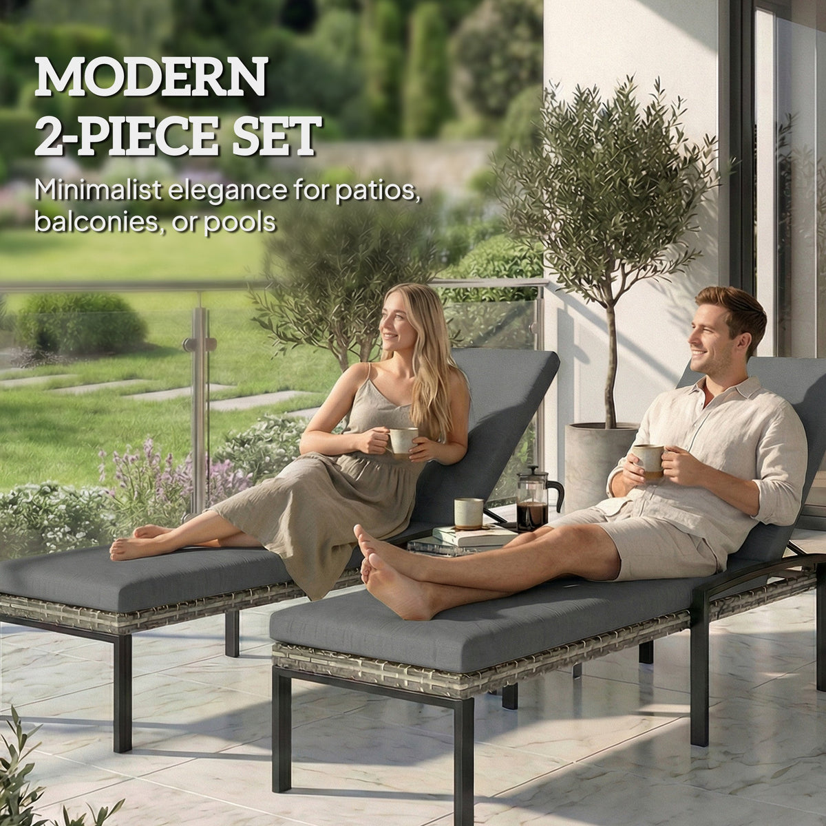 Pair of Wicker Chaise Loungers with 5-Level Backrest & Cushion, Light Grey