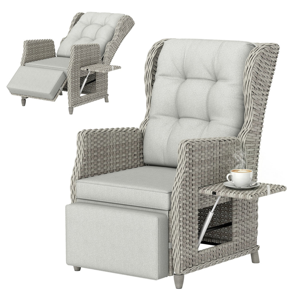 Rattan Garden Recliner Chair with Footrest, Flip Table and Cushion, Light Grey