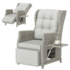 Rattan Garden Recliner Chair with Footrest, Flip Table and Cushion, Light Grey