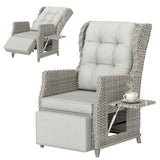 Rattan Garden Recliner Chair with Footrest, Flip Table and Cushion, Light Grey