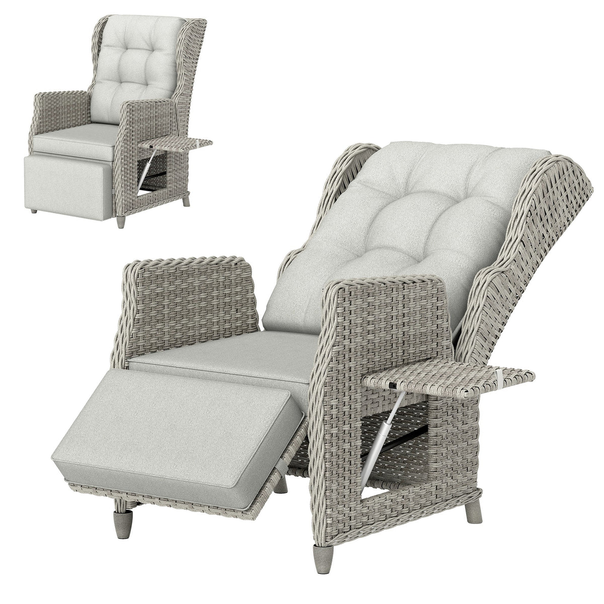 Rattan Garden Recliner Chair with Footrest, Flip Table and Cushion, Light Grey