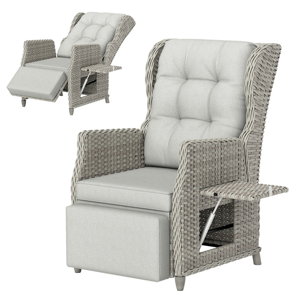 Rattan Garden Recliner Chair with Footrest, Flip Table and Cushion, Light Grey