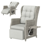 Rattan Garden Recliner Chair with Footrest, Flip Table and Cushion, Light Grey