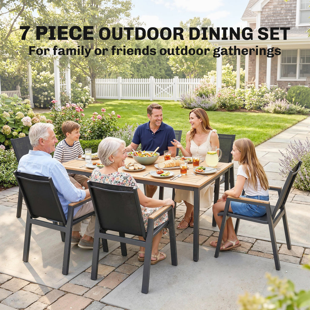 7-Piece Outdoor Dining Set with Slatted Rectangle Table and 6 Mesh Chairs, Black