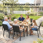 7-Piece Outdoor Dining Set with Slatted Rectangle Table and 6 Mesh Chairs, Black