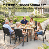 7-Piece Outdoor Dining Set with Slatted Rectangle Table and 6 Mesh Chairs, Black