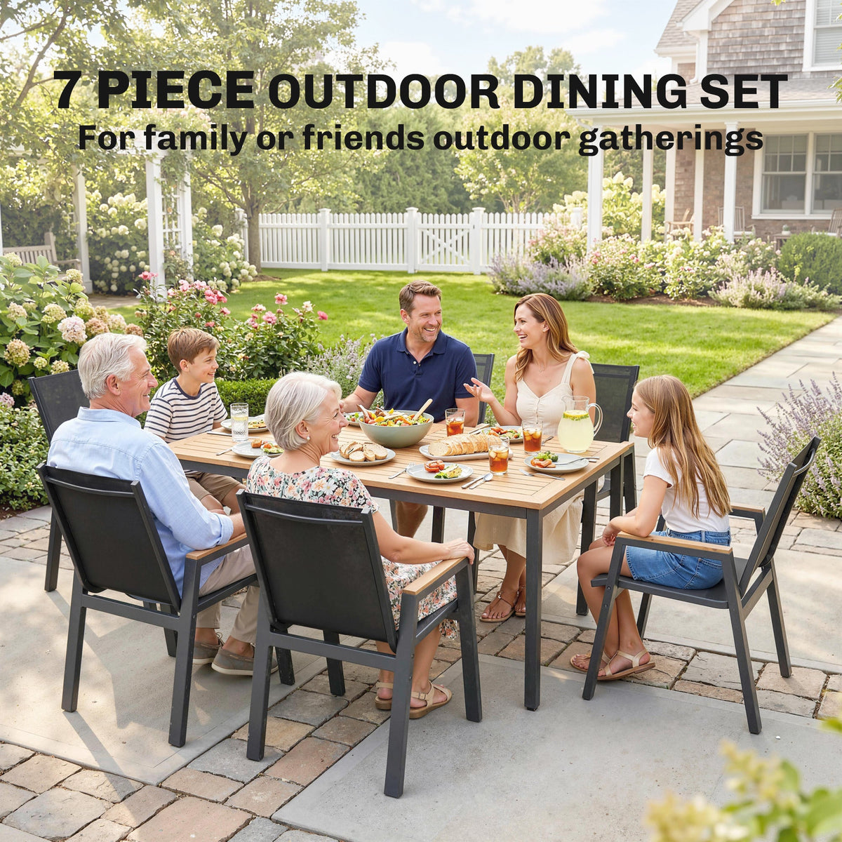 7-Piece Outdoor Dining Set with Slatted Rectangle Table and 6 Mesh Chairs, Black