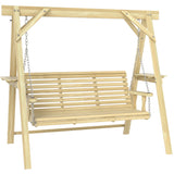 3 Seat Porch Swing with Stand and Side Tables, Natural Wood