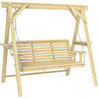 3 Seat Porch Swing with Stand and Side Tables, Natural Wood