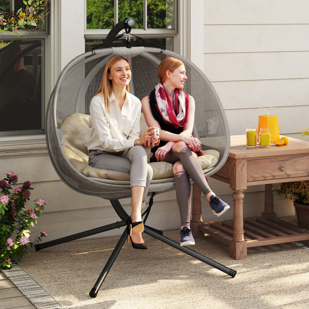 2-Person Double Egg Chair with Stand, 528 lbs Capacity, Cushioned Loveseat, Khaki