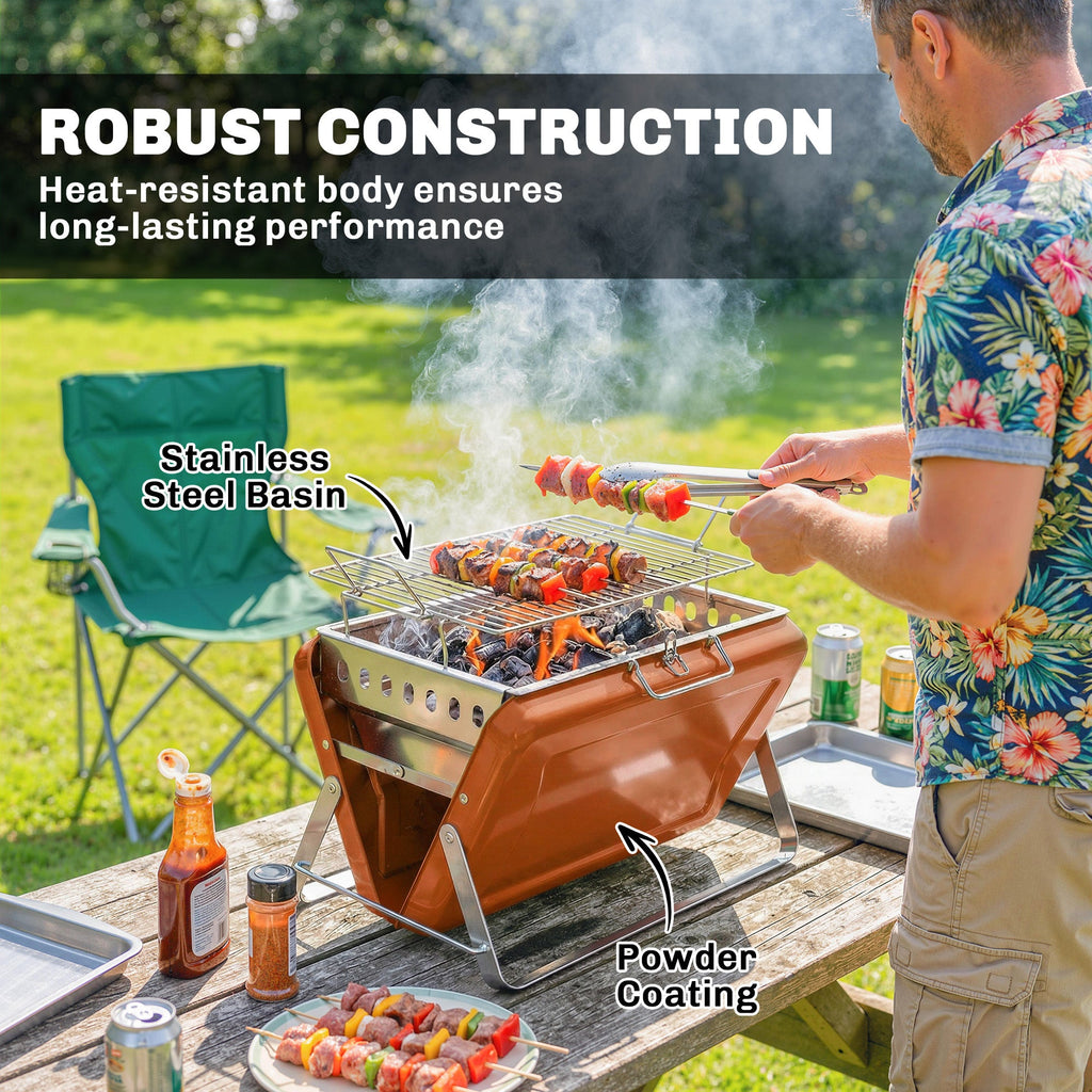 Folding Portable Charcoal BBQ Grill with Handle and Foldable Legs, Orange