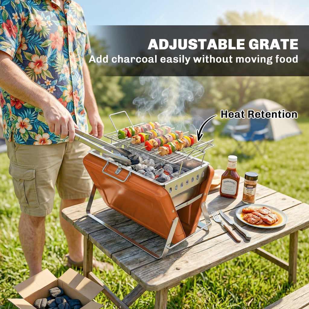 Folding Portable Charcoal BBQ Grill with Handle and Foldable Legs, Orange
