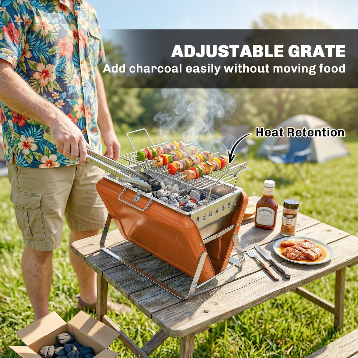 Folding Portable Charcoal BBQ Grill with Handle and Foldable Legs, Orange