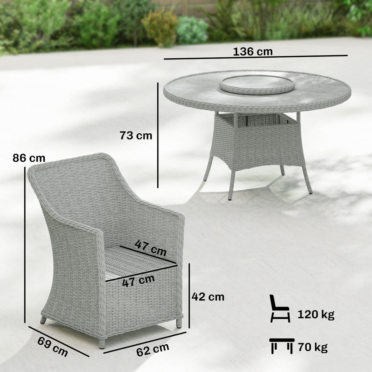 6 Seater Rattan Dining Set with Lazy Susan and Marble Effect Table, Grey