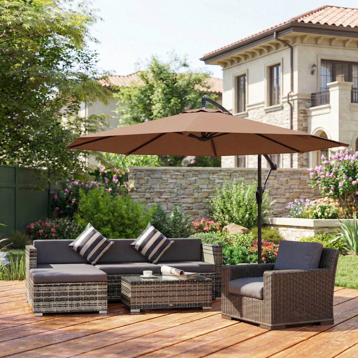 3 m Banana Parasol with Crank Handle, 8 Ribs & Cross Base, Coffee
