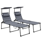 2-Piece Outdoor Lounge Chairs with Sunshade and Pillow, Gray