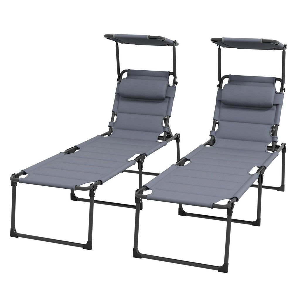 2-Piece Outdoor Lounge Chairs with Sunshade and Pillow, Gray