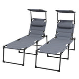 2-Piece Outdoor Lounge Chairs with Sunshade and Pillow, Gray